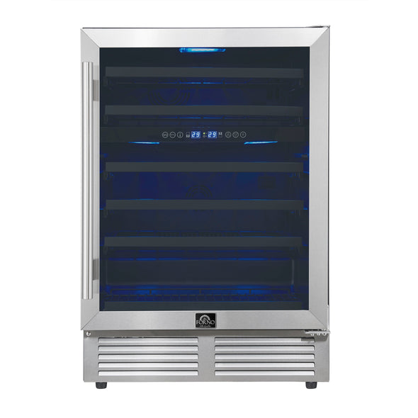 FORNO Bacchino 24" 51 Bottle 2 Zone Wine Cooler with LED Lighting and Triple Glass Door in Stainless Steel, FWCDR6634-24S
